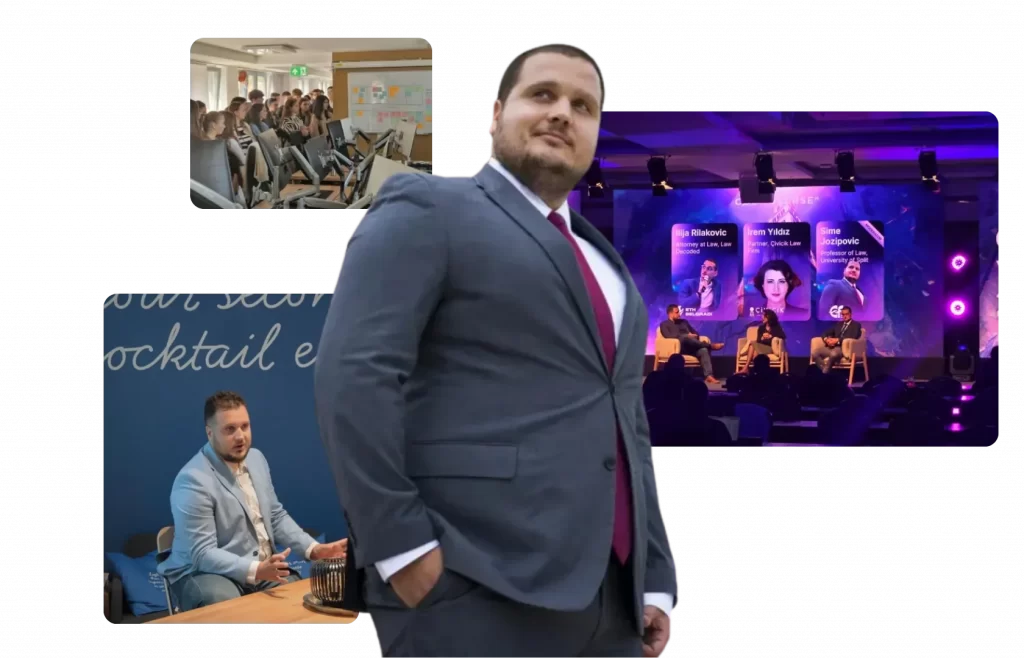 Prof. Šime Jozipović speaking at business law events and mentoring entrepreneurs, representing Mandracchio Capital as a Harvard-educated legal expert