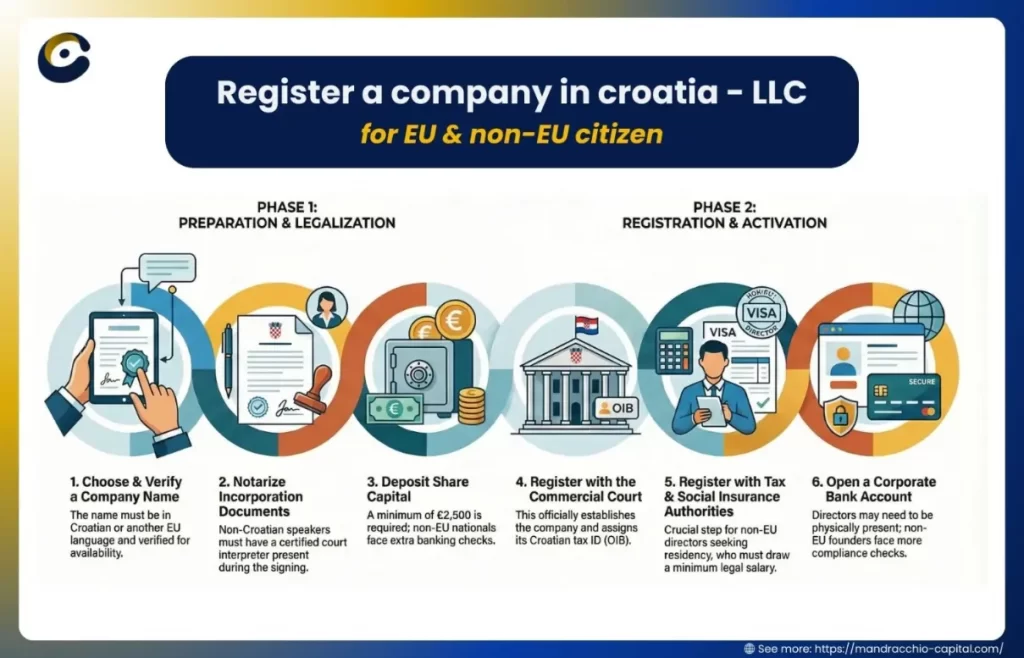 Infographic summarizing the process to register a company in Croatia for EU and non-EU founders