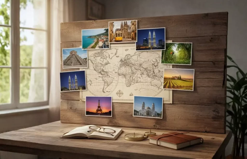 Planning life abroad in Croatia with travel photos, maps, and destination inspiration on a home desk