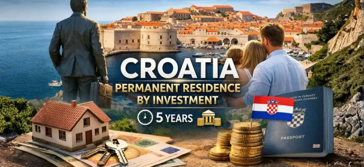 Croatia permanent residence by investment explained through the five-year legal residence pathway, illustrated with Croatian landmarks and lifestyle imagery.