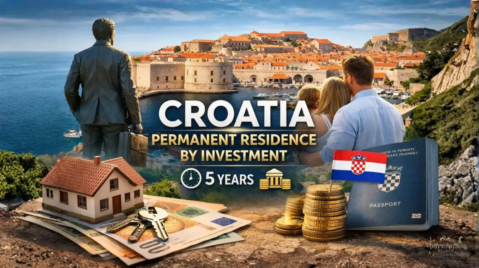 Croatia permanent residence by investment explained through the five-year legal residence pathway, illustrated with Croatian landmarks and lifestyle imagery.