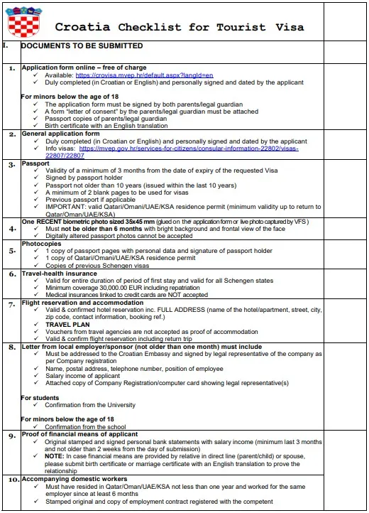 Croatia Checklist for Tourist Visa